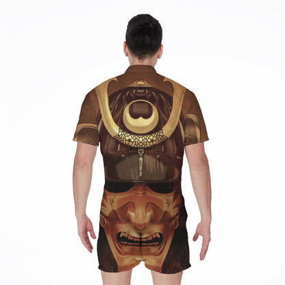 Old Japanese Samurai Mask Print Men's Rompers