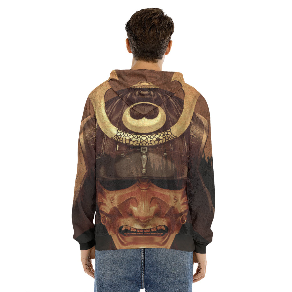 Old Japanese Samurai Mask Print Men's Velvet Pullover Hoodie