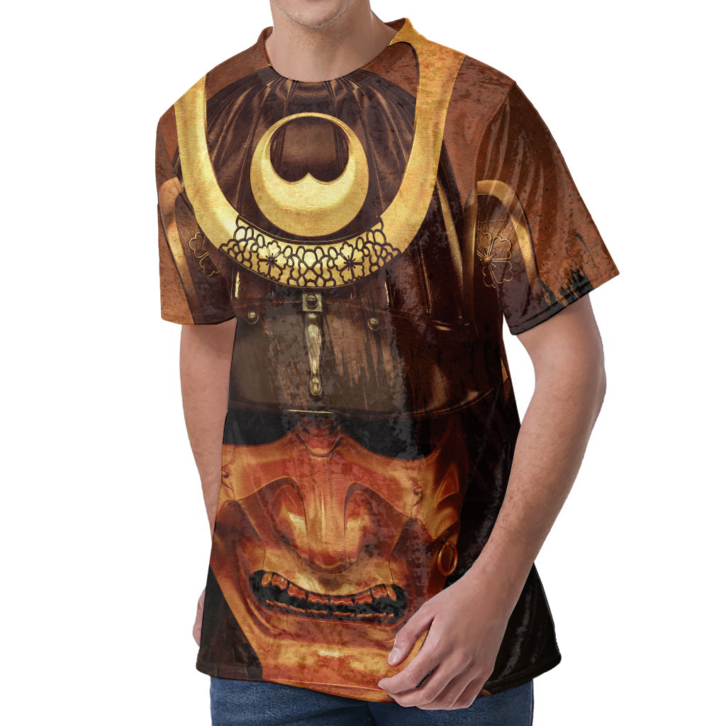 Old Japanese Samurai Mask Print Men's Velvet T-Shirt