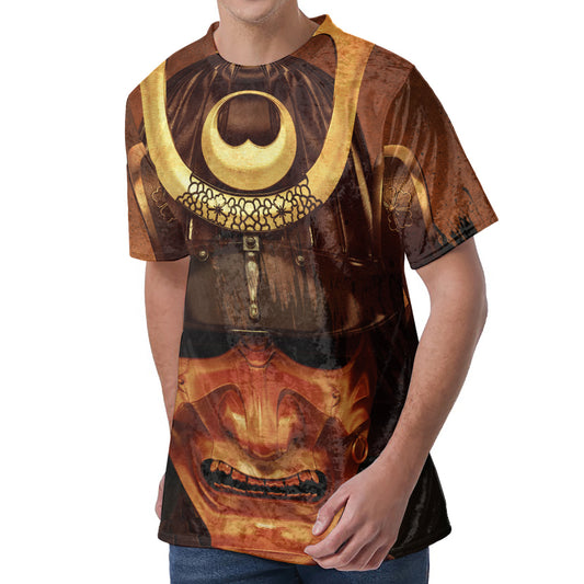 Old Japanese Samurai Mask Print Men's Velvet T-Shirt
