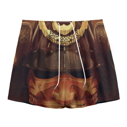 Old Japanese Samurai Mask Print Mesh Shorts
