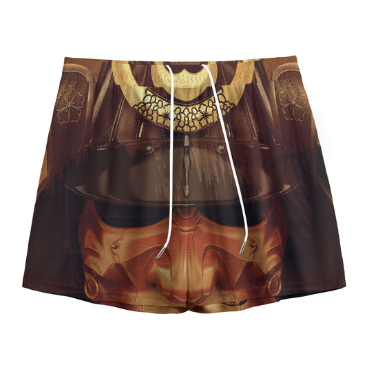 Old Japanese Samurai Mask Print Mesh Shorts