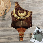 Old Japanese Samurai Mask Print One Shoulder Bodysuit