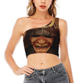 Old Japanese Samurai Mask Print One Shoulder Crop Top