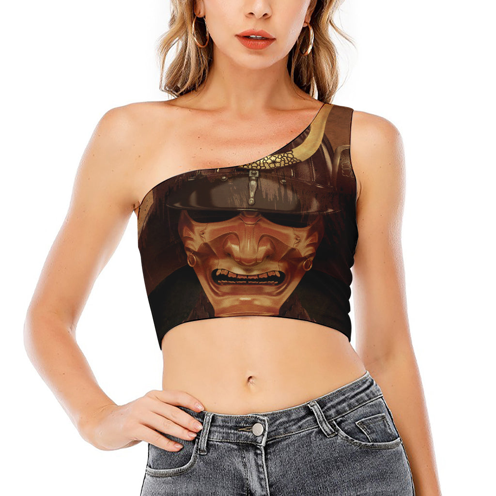 Old Japanese Samurai Mask Print One Shoulder Crop Top