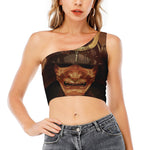 Old Japanese Samurai Mask Print One Shoulder Crop Top