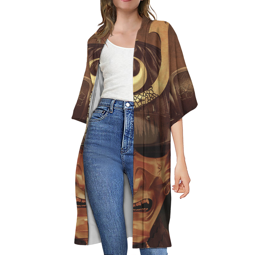 Old Japanese Samurai Mask Print Open Front Beach Cover Up