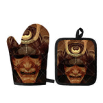 Old Japanese Samurai Mask Print Oven Mitt And Pot Holder Set