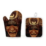 Old Japanese Samurai Mask Print Oven Mitt And Pot Holder Set
