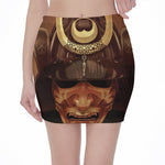 Old Japanese Samurai Mask Print Pencil Mini Skirt