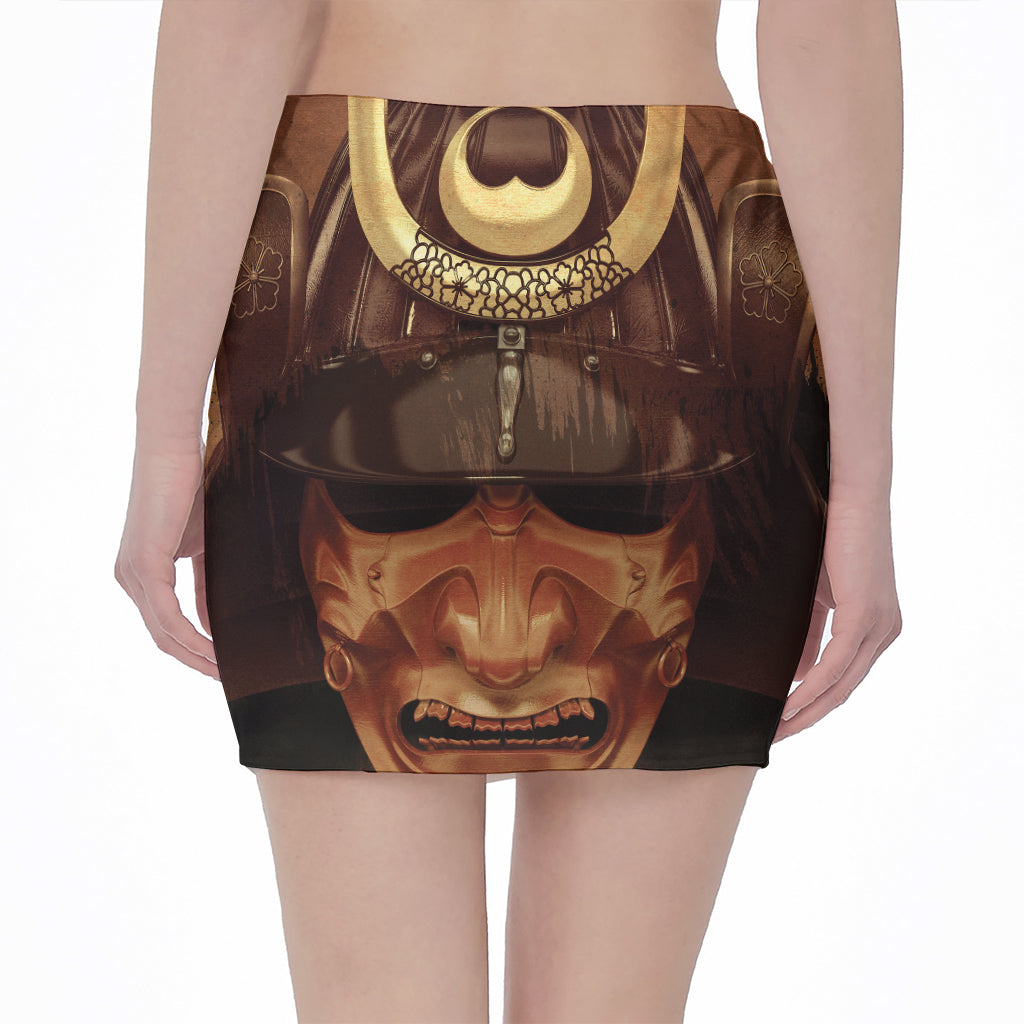 Old Japanese Samurai Mask Print Pencil Mini Skirt