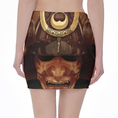 Old Japanese Samurai Mask Print Pencil Mini Skirt