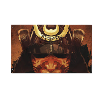 Old Japanese Samurai Mask Print Polyester Flag