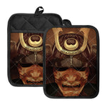 Old Japanese Samurai Mask Print Pot Holders With Pocket