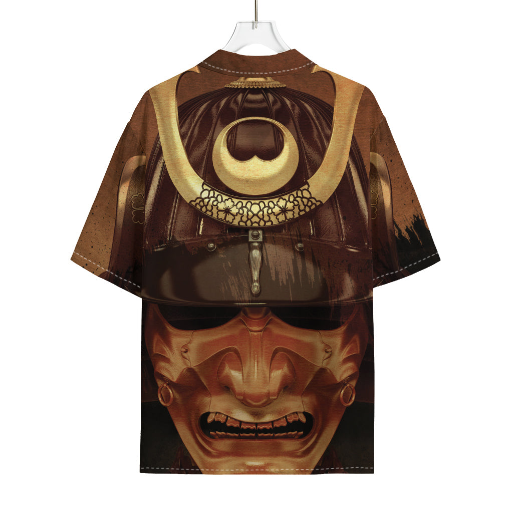 Old Japanese Samurai Mask Print Rayon Hawaiian Shirt