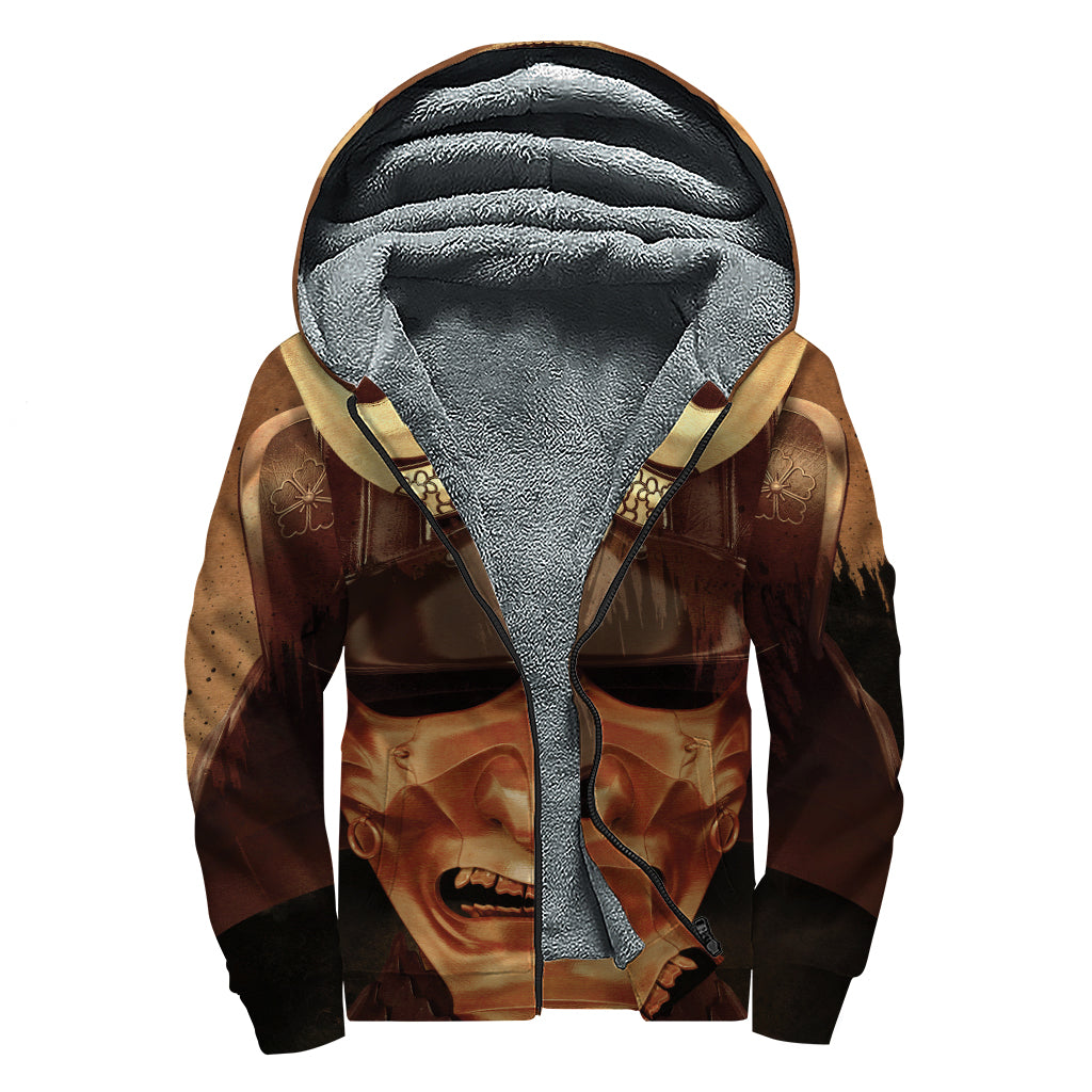 Old Japanese Samurai Mask Print Sherpa Lined Zip Up Hoodie