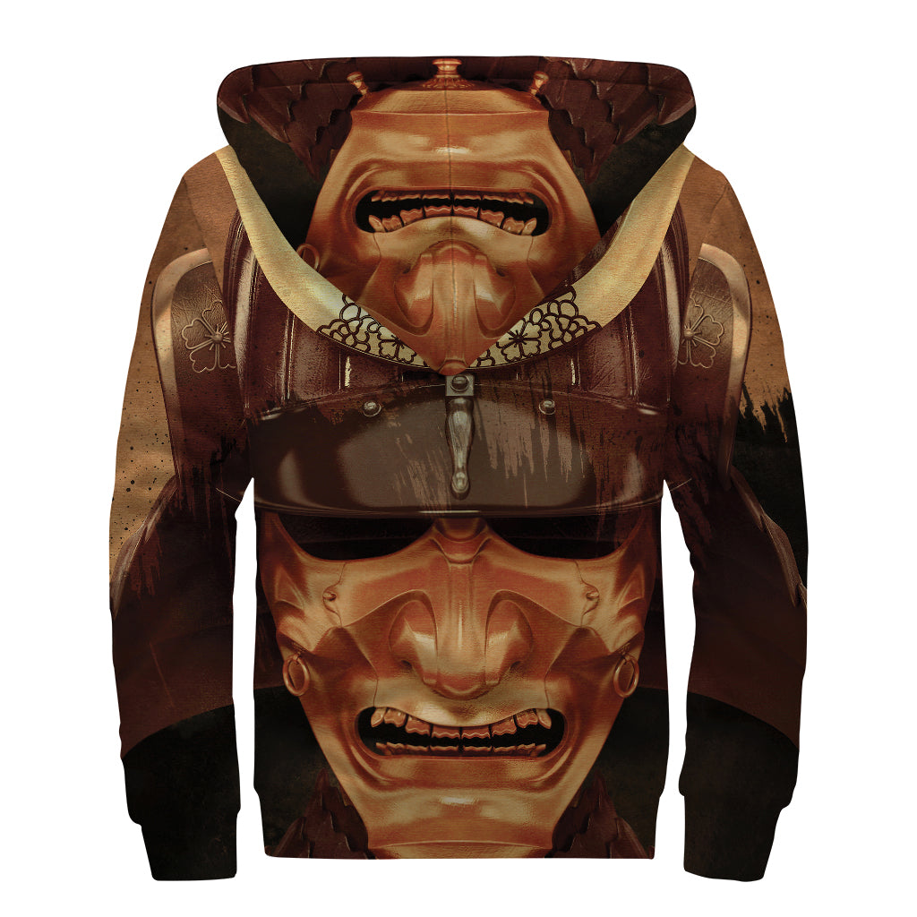 Old Japanese Samurai Mask Print Sherpa Lined Zip Up Hoodie