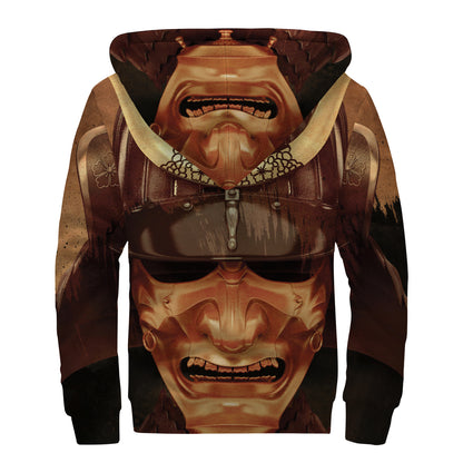 Old Japanese Samurai Mask Print Sherpa Lined Zip Up Hoodie
