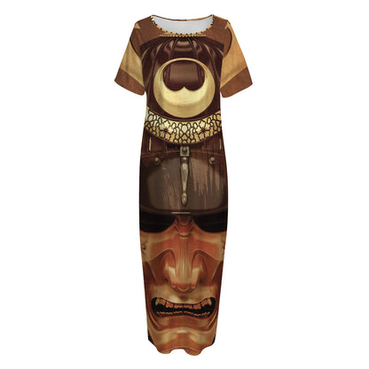 Old Japanese Samurai Mask Print Short Sleeve Long Nightdress