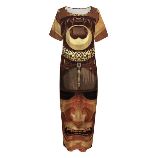 Old Japanese Samurai Mask Print Short Sleeve Long Nightdress