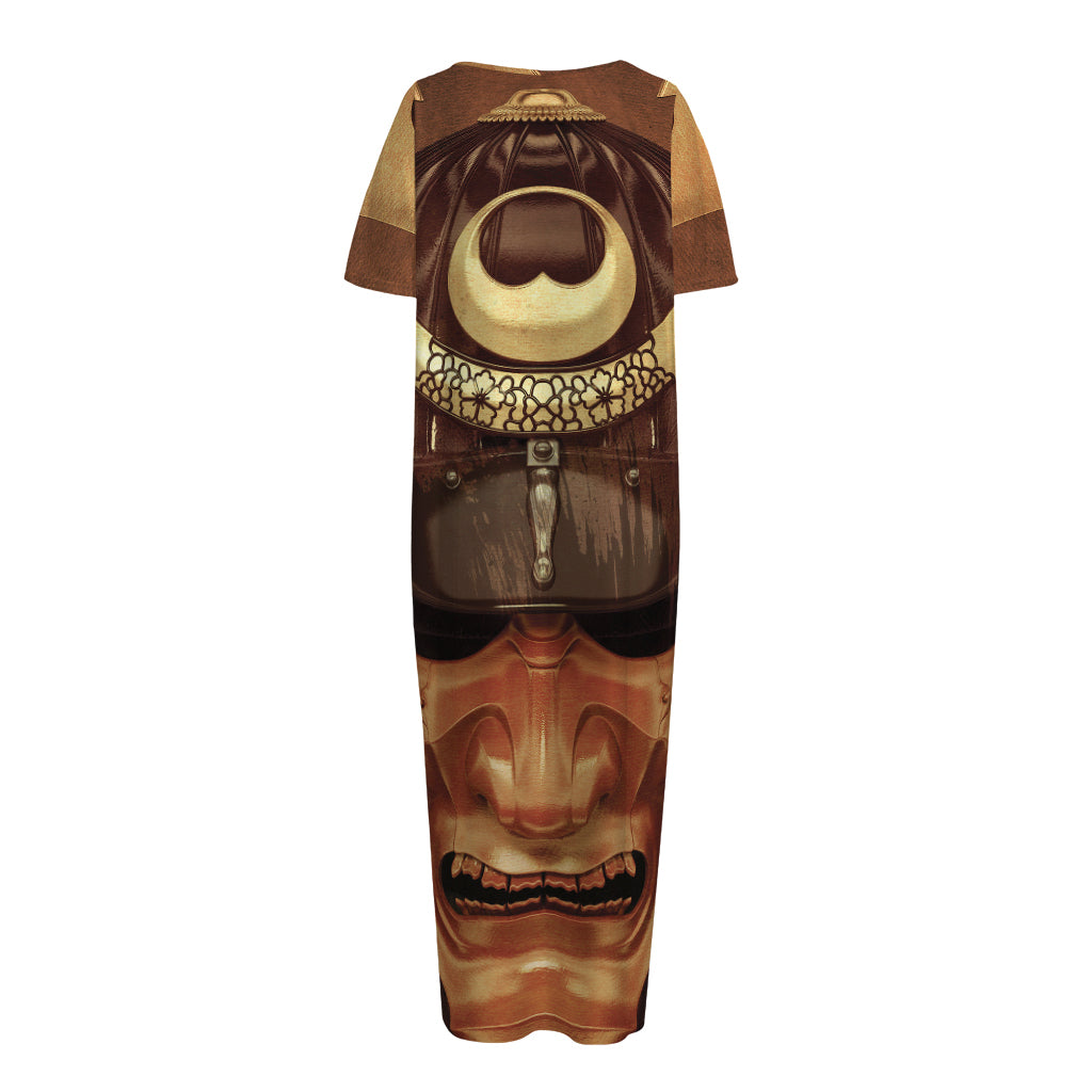 Old Japanese Samurai Mask Print Short Sleeve Long Nightdress