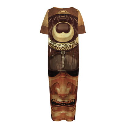 Old Japanese Samurai Mask Print Short Sleeve Long Nightdress