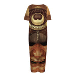 Old Japanese Samurai Mask Print Short Sleeve Long Nightdress