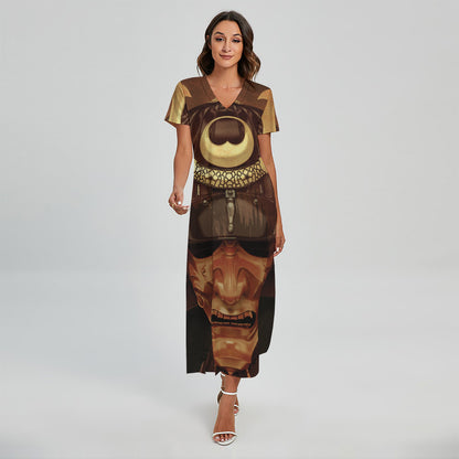 Old Japanese Samurai Mask Print Short Sleeve Maxi Dress