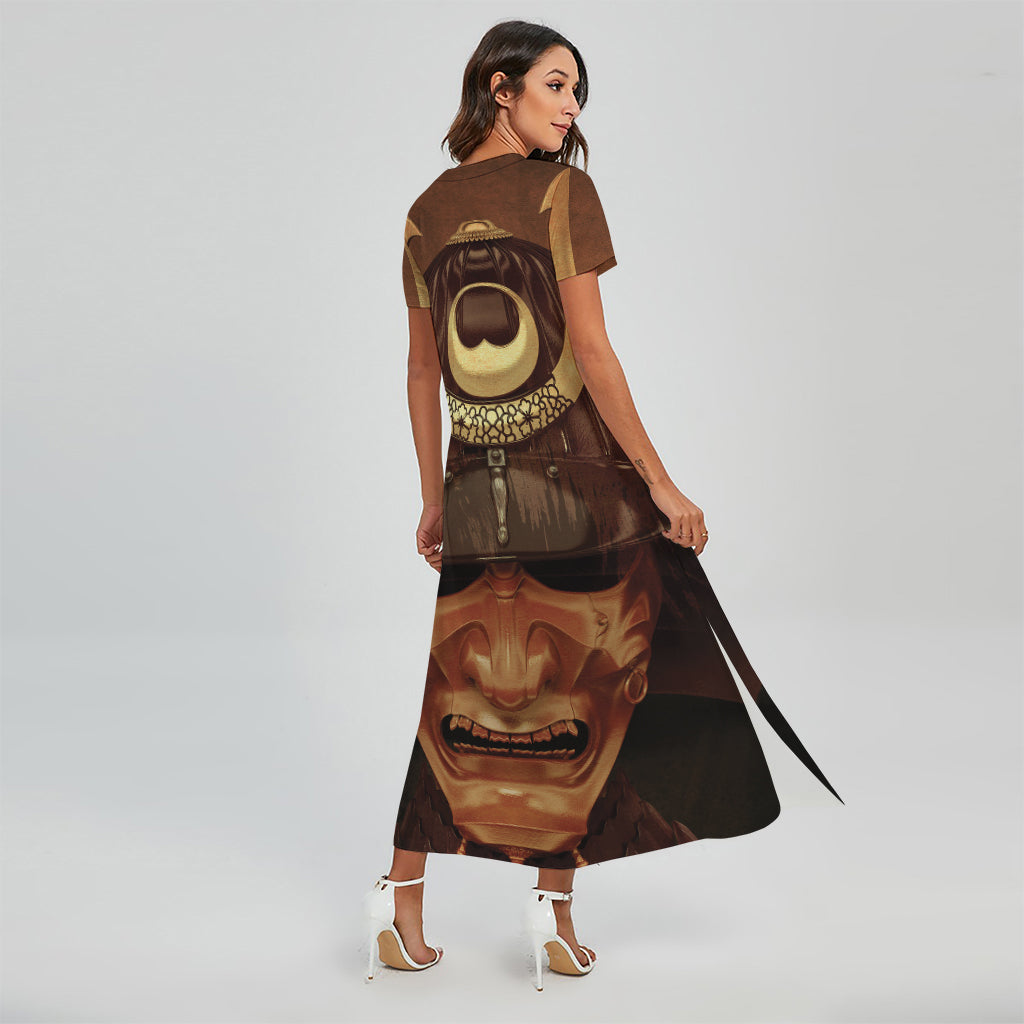 Old Japanese Samurai Mask Print Short Sleeve Maxi Dress