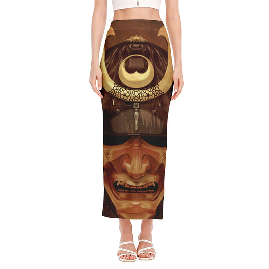 Old Japanese Samurai Mask Print Side Slit Maxi Skirt