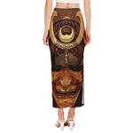 Old Japanese Samurai Mask Print Side Slit Maxi Skirt