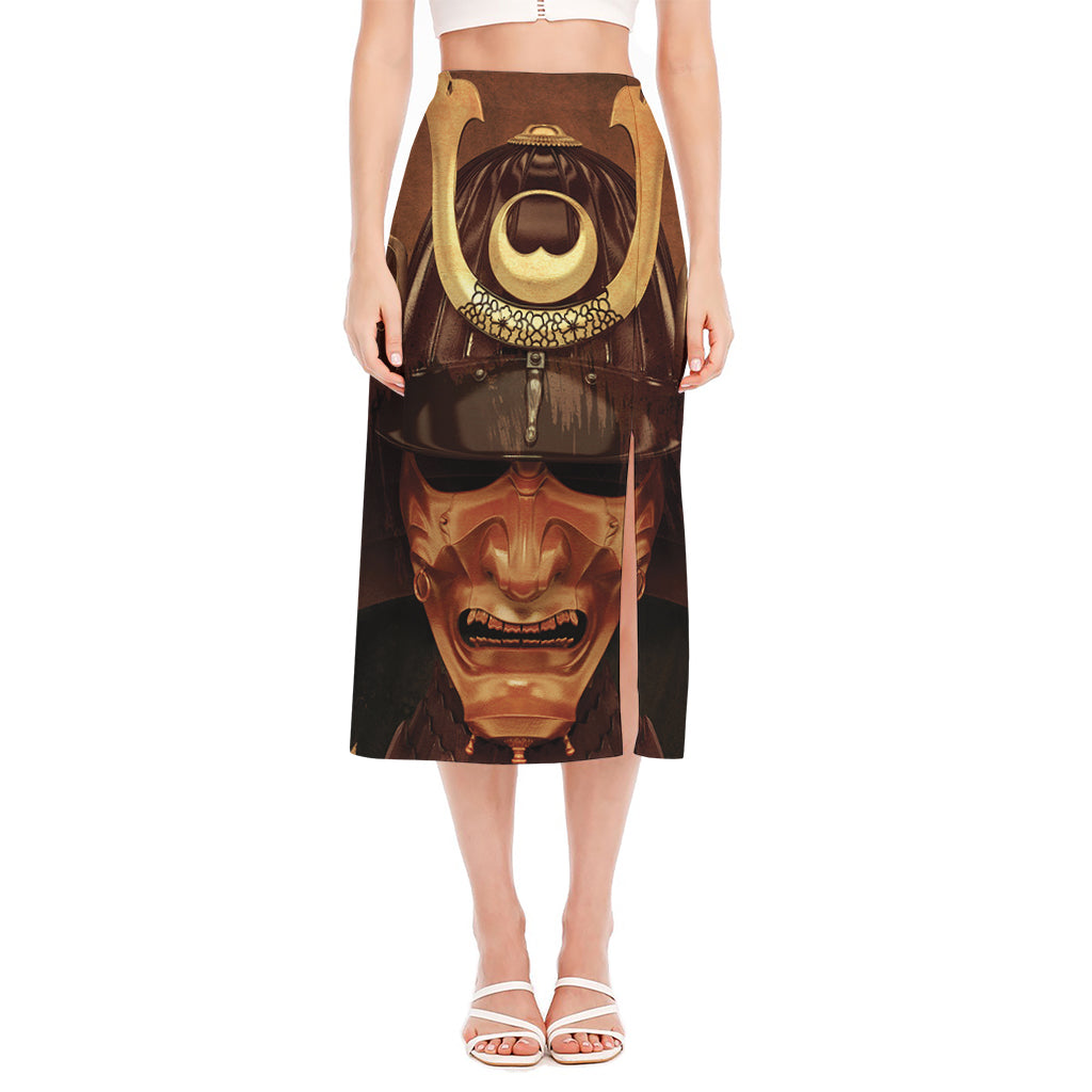 Old Japanese Samurai Mask Print Side Slit Midi Skirt