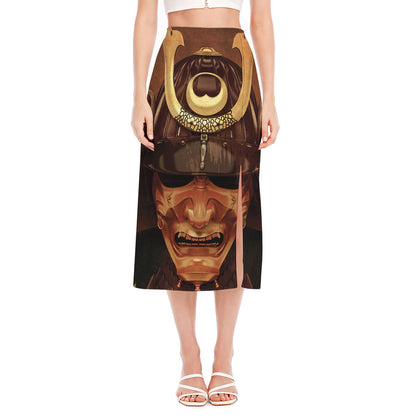 Old Japanese Samurai Mask Print Side Slit Midi Skirt