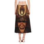 Old Japanese Samurai Mask Print Side Slit Midi Skirt