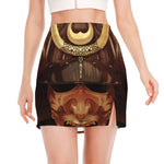 Old Japanese Samurai Mask Print Side Slit Mini Skirt