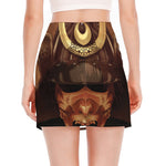 Old Japanese Samurai Mask Print Side Slit Mini Skirt