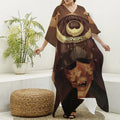 Old Japanese Samurai Mask Print Silk V-Neck Kaftan Dress