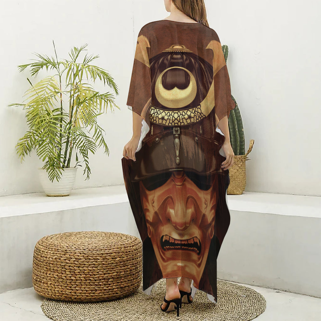 Old Japanese Samurai Mask Print Silk V-Neck Kaftan Dress