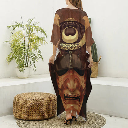 Old Japanese Samurai Mask Print Silk V-Neck Kaftan Dress
