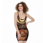 Old Japanese Samurai Mask Print Sleeveless Bodycon Dress