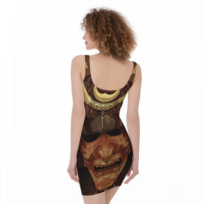 Old Japanese Samurai Mask Print Sleeveless Bodycon Dress