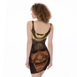 Old Japanese Samurai Mask Print Sleeveless Bodycon Dress