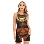 Old Japanese Samurai Mask Print Sleeveless One Piece Swimsuit