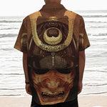 Old Japanese Samurai Mask Print Textured Short Sleeve Shirt