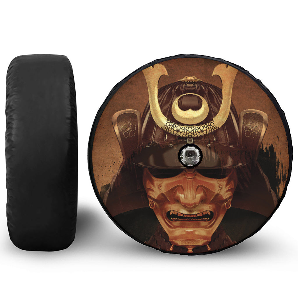 Old Japanese Samurai Mask Print Tire Cover With Camera Hole