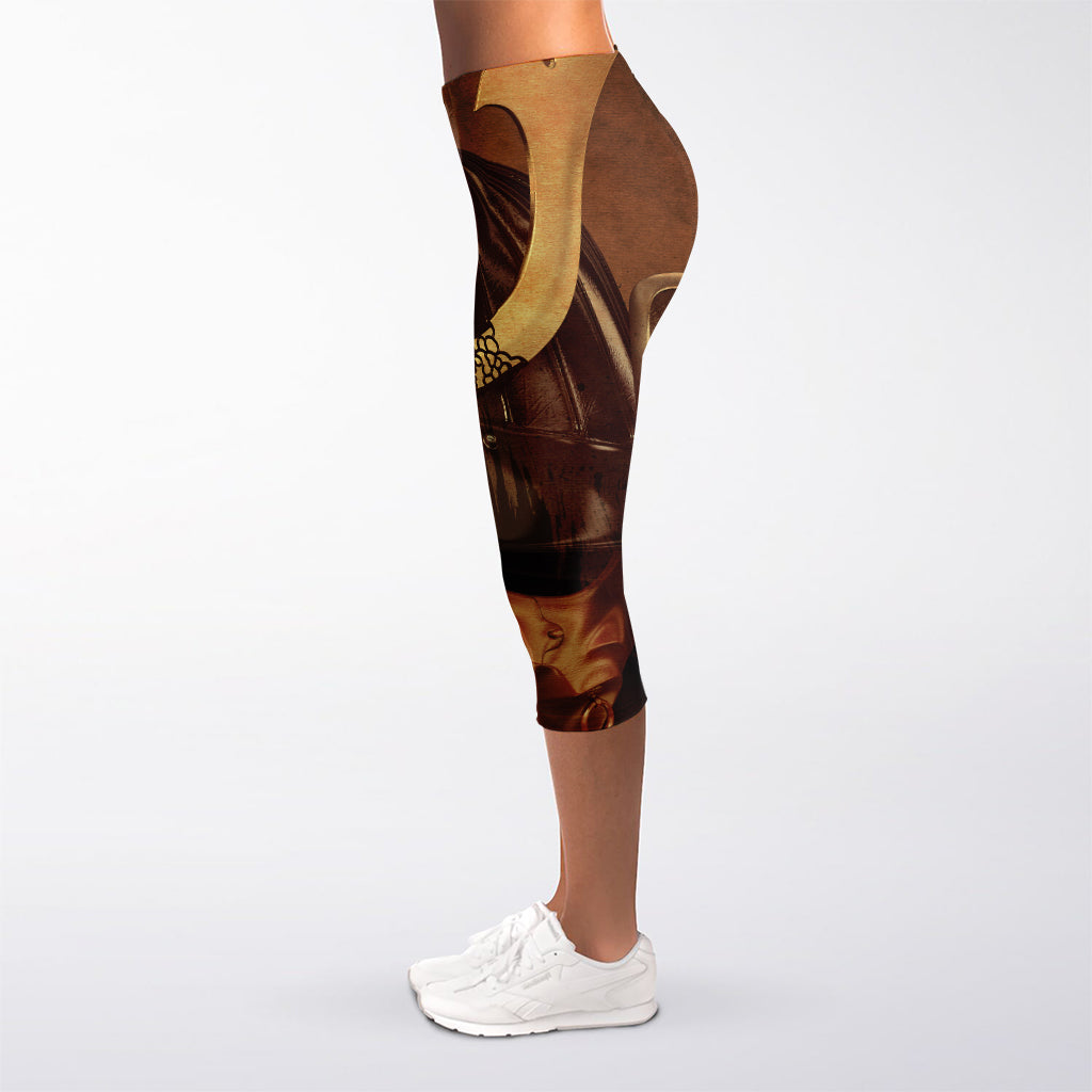 Old Japanese Samurai Mask Print Women's Capri Leggings