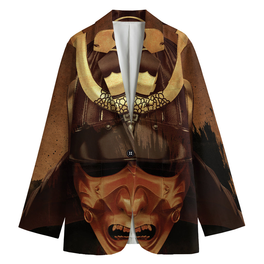 Old Japanese Samurai Mask Print Women's Cotton Blazer