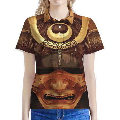 Old Japanese Samurai Mask Print Women's Polo Shirt