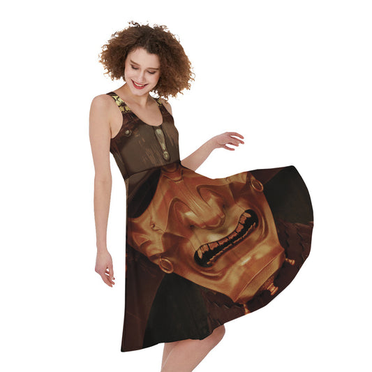 Old Japanese Samurai Mask Print Women's Sleeveless Dress