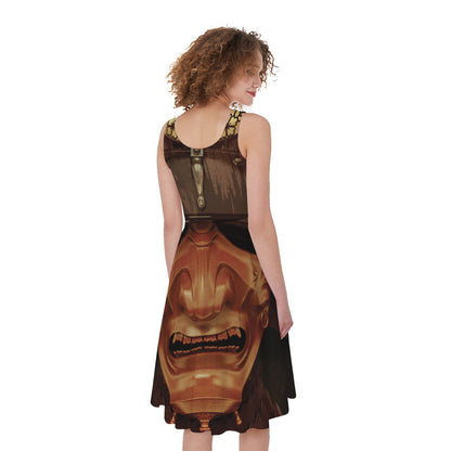 Old Japanese Samurai Mask Print Women's Sleeveless Dress